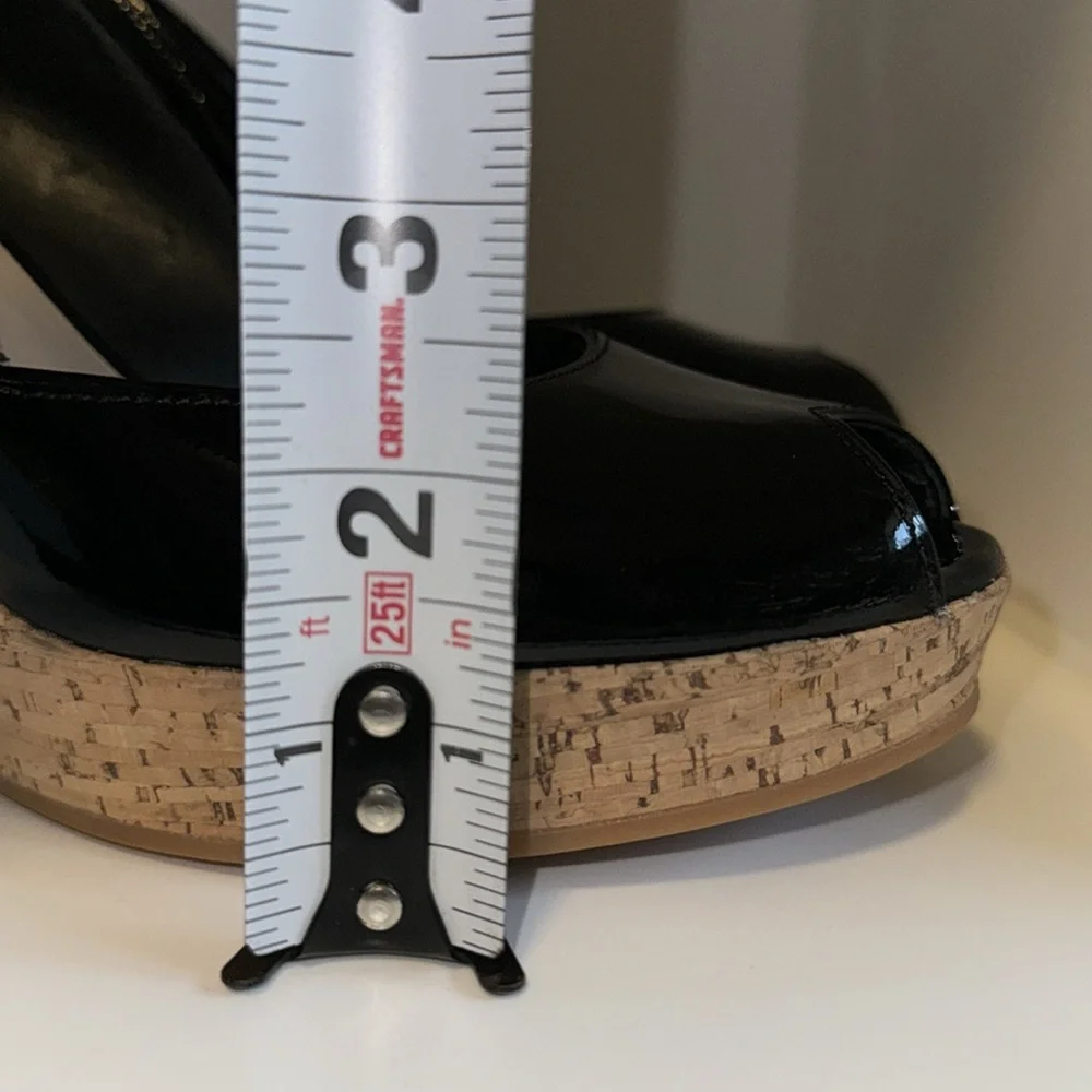 Via Spiga Black Patent Leather & Cork Platform Wedges Peep Toe Women’s 8